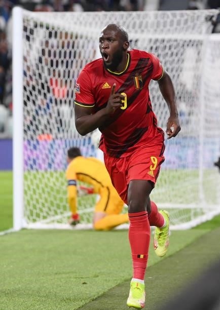 Romelu Lukaku of Belgium celebrates scoring his sides second goal during the UEFA Nations League 2021 Semi-final match between Belgium and France at...