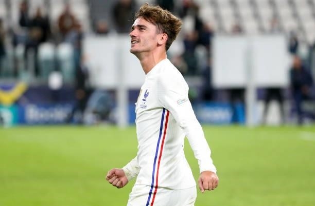 Antoine Griezmann of France celebrates the victory following the UEFA Nations League 2021 Semi-final match between Belgium and France at Juventus...