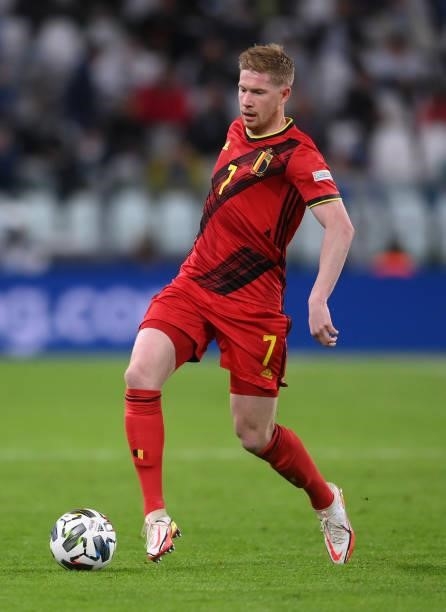 Kevin De Bruyne of Belgium runs with the ball during the UEFA Nations League 2021 Semi-final match between Belgium and France at Allianz Stadium on...