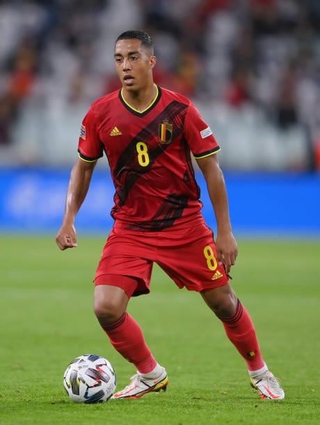 Youri Tielemans of Belgium runs with the ball during the UEFA Nations League 2021 Semi-final match between Belgium and France at Allianz Stadium on...