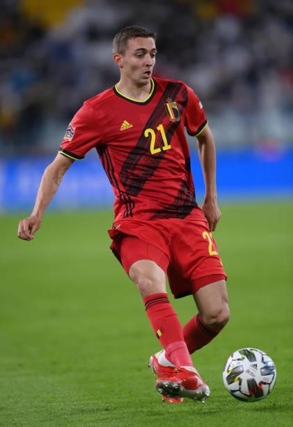 Timothy Castagne of Belgium runs with the ball during the UEFA Nations League 2021 Semi-final match between Belgium and France at Allianz Stadium on...