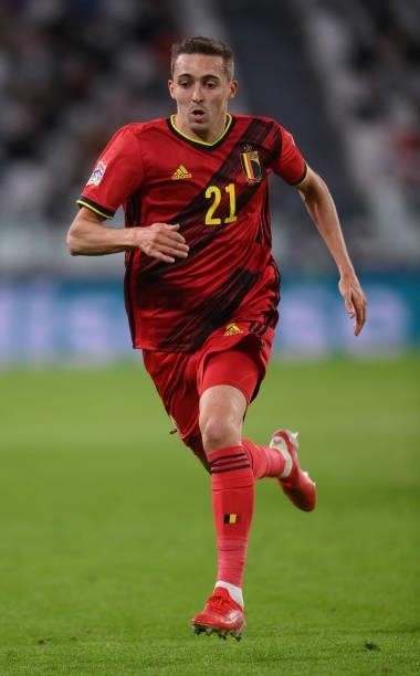 Timothy Castagne of Belgium rin action during the UEFA Nations League 2021 Semi-final match between Belgium and France at Allianz Stadium on October...