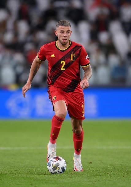 Toby Alderweireld of Belgium runs with the ball during the UEFA Nations League 2021 Semi-final match between Belgium and France at Allianz Stadium on...