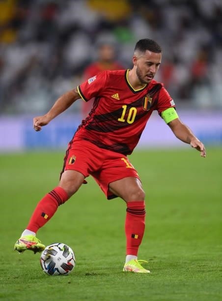 Eden Hazard of Belgium runs with the ball during the UEFA Nations League 2021 Semi-final match between Belgium and France at Allianz Stadium on...