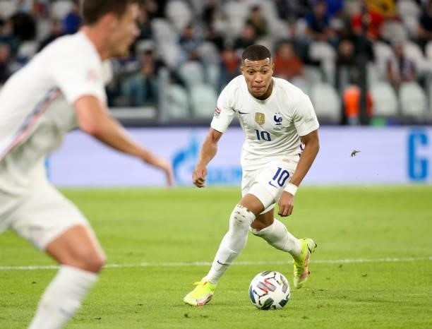 Kylian Mbappe of France during the UEFA Nations League 2021 Semi-final match between Belgium and France at Juventus Stadium on October 7, 2021 in...
