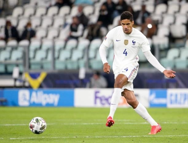 Raphael Varane of France during the UEFA Nations League 2021 Semi-final match between Belgium and France at Juventus Stadium on October 7, 2021 in...