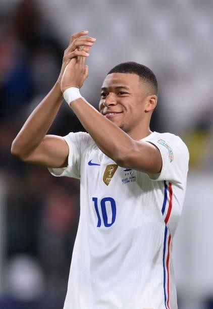 Kylian Mbappe of France applauds the crowd during the UEFA Nations League 2021 Semi-final match between Belgium and France at Allianz Stadium on...
