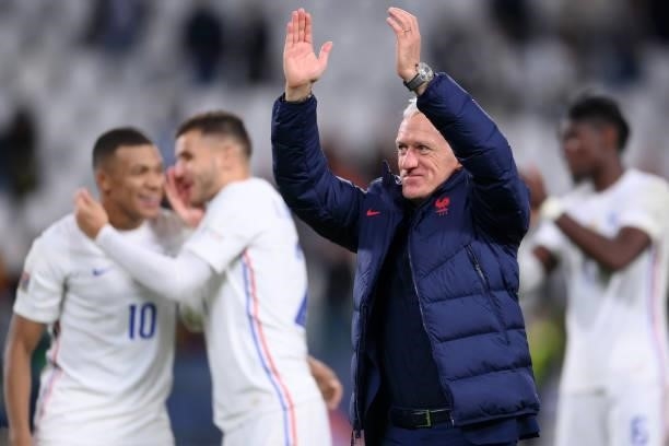 Didier Deschamps, Head Coach of France applauds the fans as he celebrates their side's victory after the UEFA Nations League 2021 Semi-final match...