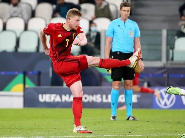 Kevin De Bruyne of Belgium during the UEFA Nations League 2021 Semi-final match between Belgium and France at Juventus Stadium on October 7, 2021 in...