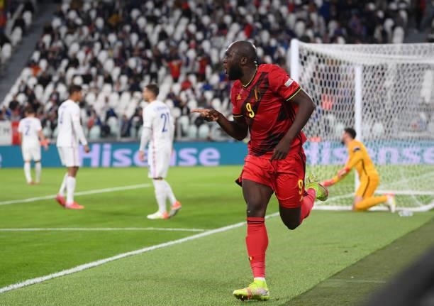 Romelu Lukaku of Belgium celebrates scoring his sides second goal during the UEFA Nations League 2021 Semi-final match between Belgium and France at...
