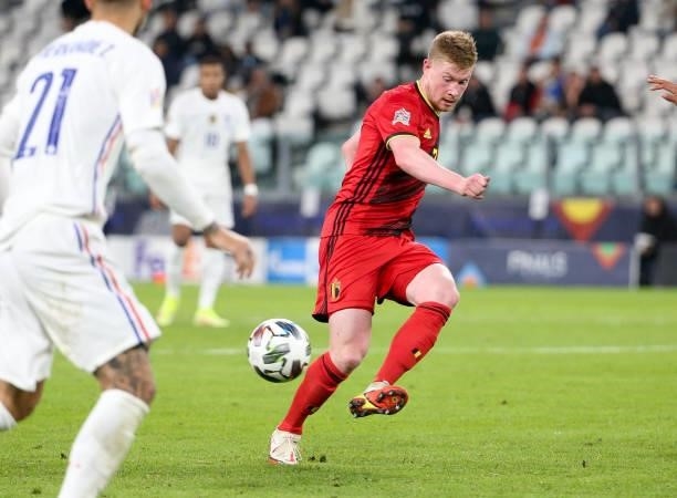 Kevin De Bruyne of Belgium during the UEFA Nations League 2021 Semi-final match between Belgium and France at Juventus Stadium on October 7, 2021 in...