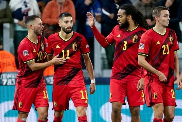 Yannick Carrasco of Belgium celebrates his goal between Eden Hazard, Jason Denayer of Belgium during the UEFA Nations League 2021 Semi-final match...