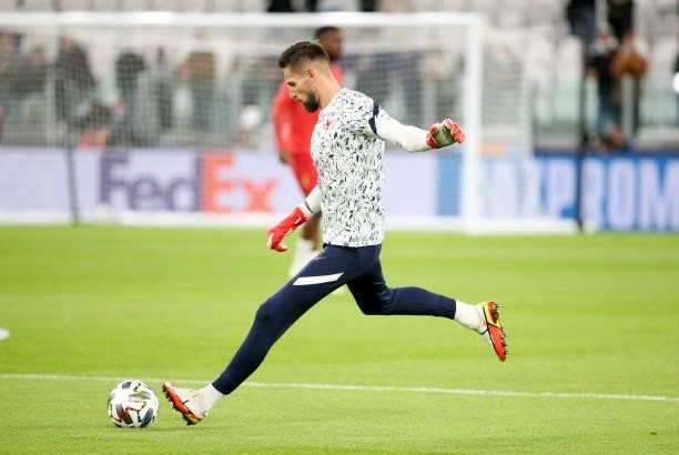 Goalkeeper of France Benoit Costil warms up before the UEFA Nations League 2021 Semi-final match between Belgium and France at Juventus Stadium on...