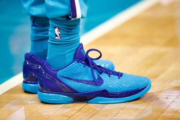Detail of the shoes worn by James Bouknight of the Charlotte Hornets prior to their game against the Memphis Grizzlies at Spectrum Center on October...