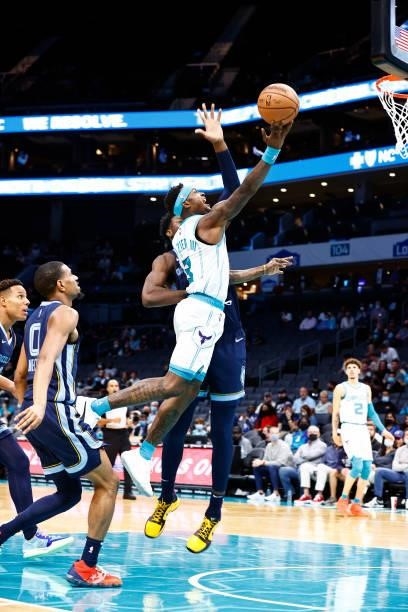 Terry Rozier of the Charlotte Hornets attempts a basket during the first period of their game against the Memphis Grizzlies at Spectrum Center on...
