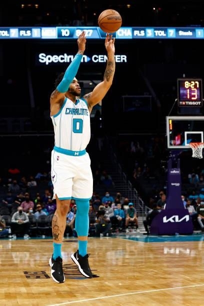 Miles Bridges of the Charlotte Hornets attempts a three point basket during the first period of their game against the Memphis Grizzlies at Spectrum...