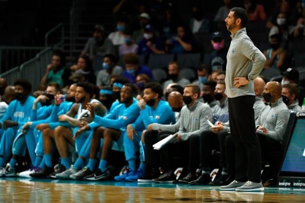Head coach James Borrego of the Charlotte Hornets looks on during the first period of their game against the Memphis Grizzlies at Spectrum Center on...
