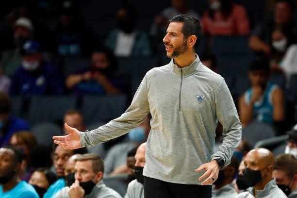 Head coach James Borrego of the Charlotte Hornets reacts during the first period of their game against the Memphis Grizzlies at Spectrum Center on...