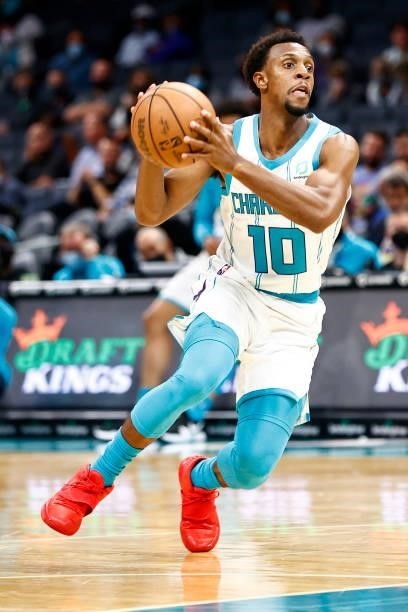 Ish Smith of the Charlotte Hornets dribbles during the first period of their game against the Memphis Grizzlies at Spectrum Center on October 07,...