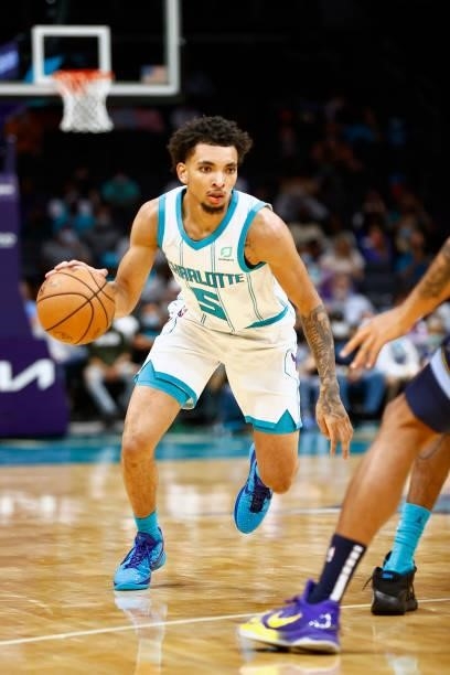 James Bouknight of the Charlotte Hornets looks to drive to the basket during the first period of their game against the Memphis Grizzlies at Spectrum...