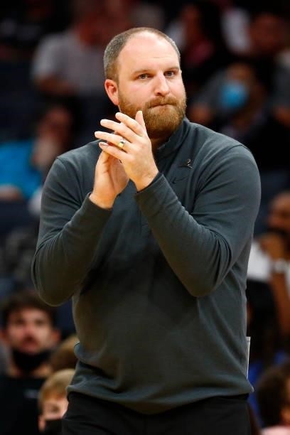 Head coach Taylor Jenkins of the Memphis Grizzlies reacts following a play during the first period of their game against the Charlotte Hornets at...