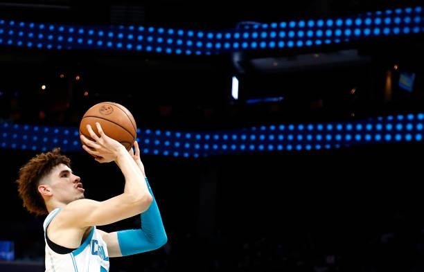 LaMelo Ball of the Charlotte Hornets attempts a shot during the second period of their game against the Memphis Grizzlies at Spectrum Center on...