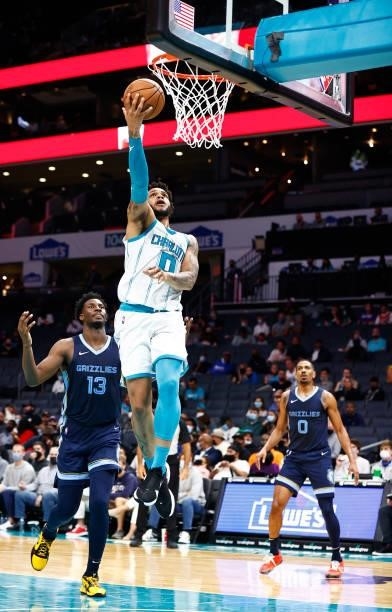 Miles Bridges of the Charlotte Hornets attempts a basket during the second period of their game against the Memphis Grizzlies at Spectrum Center on...