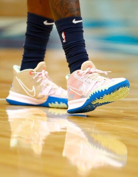 Detail of the shoes worn by Shaq Buchanan of the Memphis Grizzlies during the third period of their game against the Charlotte Hornets at Spectrum...
