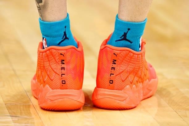 Detail of the shoes worn by LaMelo Ball of the Charlotte Hornets during the third period of their game against the Memphis Grizzlies at Spectrum...