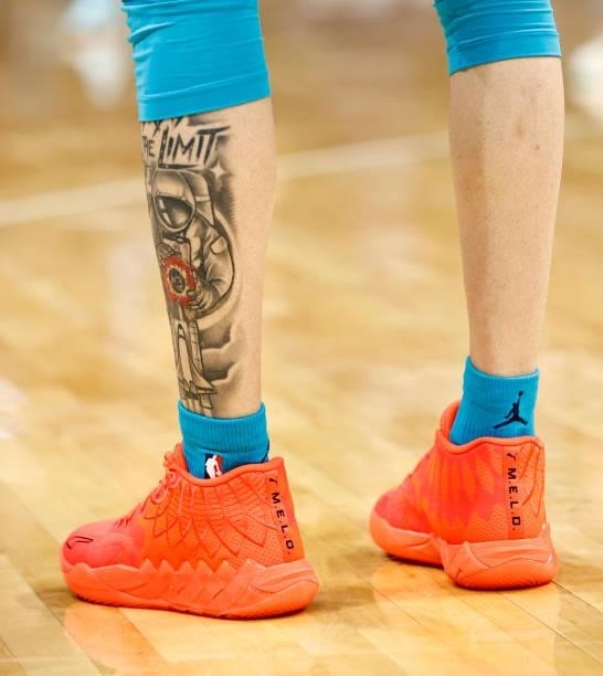 Detail of the shoes worn by LaMelo Ball of the Charlotte Hornets during the third period of their game against the Memphis Grizzlies at Spectrum...