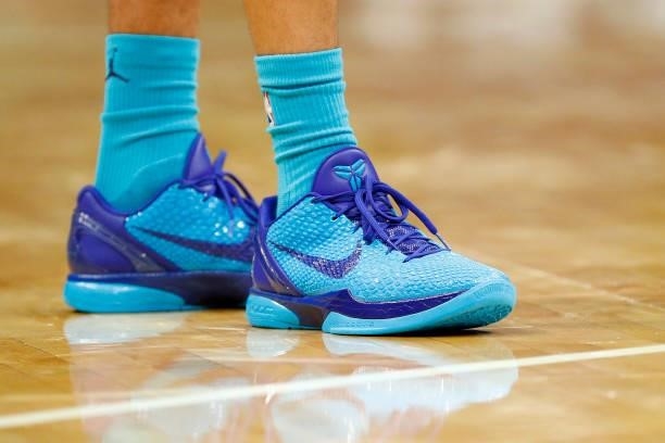 Detail of the shoes worn by James Bouknight of the Charlotte Hornets during the fourth period of their game against the Memphis Grizzlies at Spectrum...