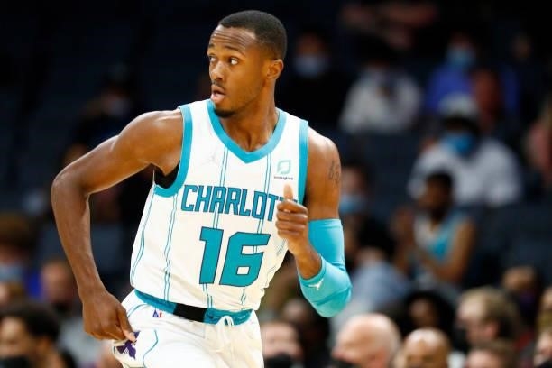 Scottie Lewis of the Charlotte Hornets runs the court during the fourth period of their game at Spectrum Center on October 07, 2021 in Charlotte,...