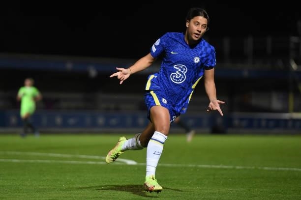 Sam Kerr of Chelsea celebrates after scoring her team's first goal during the UEFA Women's Champions League group A match between Chelsea FC Women...