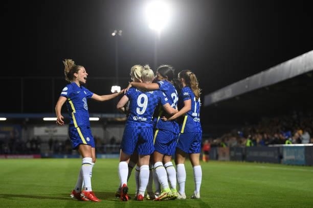 Sam Kerr of Chelsea celebrates with teammates after scoring her team's first goal during the UEFA Women's Champions League group A match between...