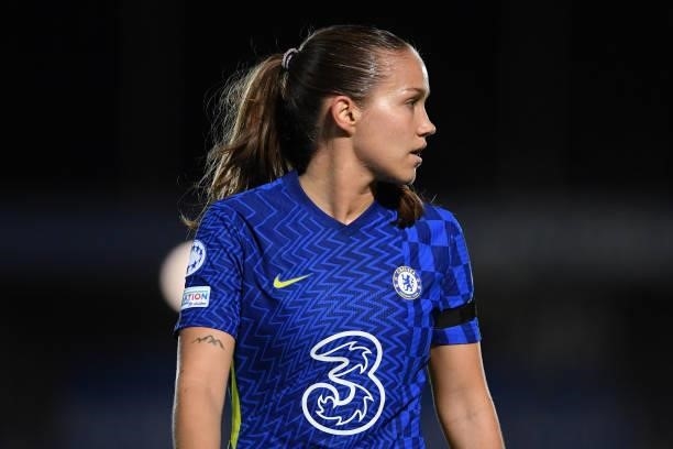 Guro Reiten of Chelsea looks on during the UEFA Women's Champions League group A match between Chelsea FC Women and VfL Wolfsburg at Kingsmeadow on...