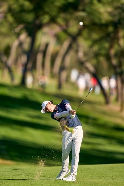 Jazz Janewattananond of Thailand plays a shot during Day Two of The Open de Espana at Club de Campo Villa de Madrid on October 08, 2021 in Madrid,...