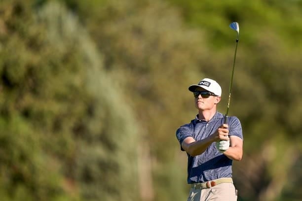 Wilco Nienaber of South Africa watches his shot during Day Two of The Open de Espana at Club de Campo Villa de Madrid on October 08, 2021 in Madrid,...