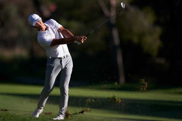Thorbjorn Olesen of Denmark plays a shot during Day Two of The Open de Espana at Club de Campo Villa de Madrid on October 08, 2021 in Madrid, Spain.