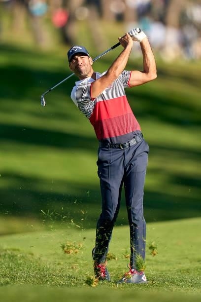 Alvaro Quiros of Spain plays a shot during Day Two of The Open de Espana at Club de Campo Villa de Madrid on October 08, 2021 in Madrid, Spain.
