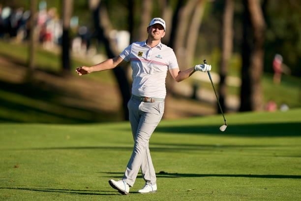 Bernd Wiesberger of Austria watches his shot during Day Two of The Open de Espana at Club de Campo Villa de Madrid on October 08, 2021 in Madrid,...