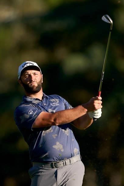 Jon Rahm of Spain watches his shot during Day Two of The Open de Espana at Club de Campo Villa de Madrid on October 08, 2021 in Madrid, Spain.