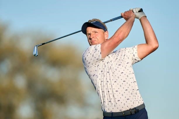 Luke Donald of England plays a shot during Day Two of The Open de Espana at Club de Campo Villa de Madrid on October 08, 2021 in Madrid, Spain.