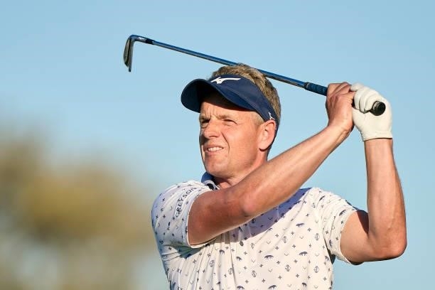 Luke Donald of England plays a shot during Day Two of The Open de Espana at Club de Campo Villa de Madrid on October 08, 2021 in Madrid, Spain.