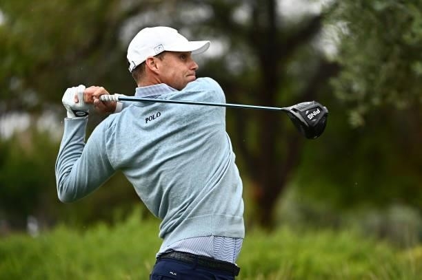 Nick Watney hits his tee shot on the ninth hole during round two of the Shriners Children's Open at TPC Summerlin on October 08, 2021 in Las Vegas,...