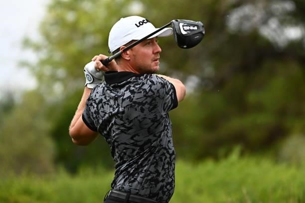 Jonas Blixt hits his tee shot on the ninth hole during round two of the Shriners Children's Open at TPC Summerlin on October 08, 2021 in Las Vegas,...