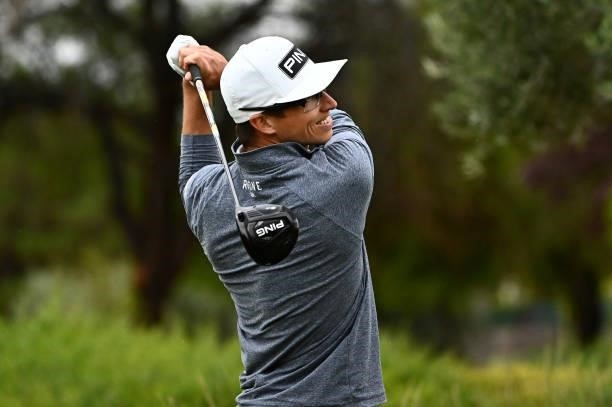 Brandon Hagy hits his tee shot on the ninth hole during round two of the Shriners Children's Open at TPC Summerlin on October 08, 2021 in Las Vegas,...