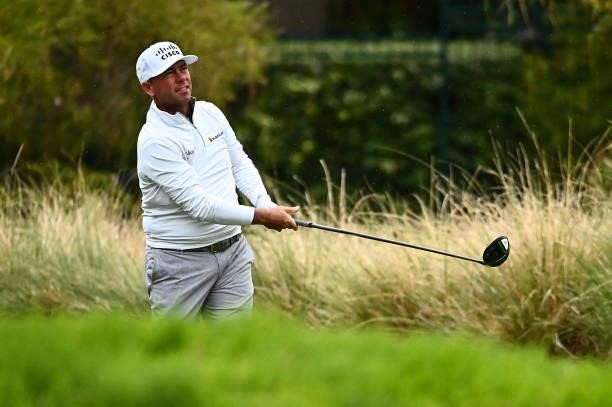 Chez Reavie hits his tee shot on the third hole during round two of the Shriners Children's Open at TPC Summerlin on October 08, 2021 in Las Vegas,...