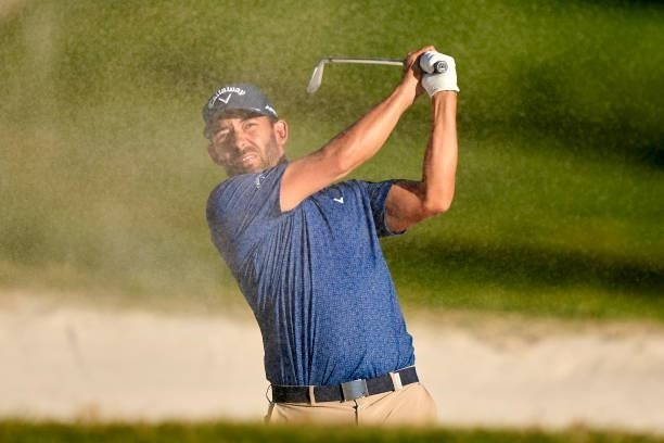 Pablo Larrazabal of Spain plays a shot from a bunker during Day Two of The Open de Espana at Club de Campo Villa de Madrid on October 08, 2021 in...