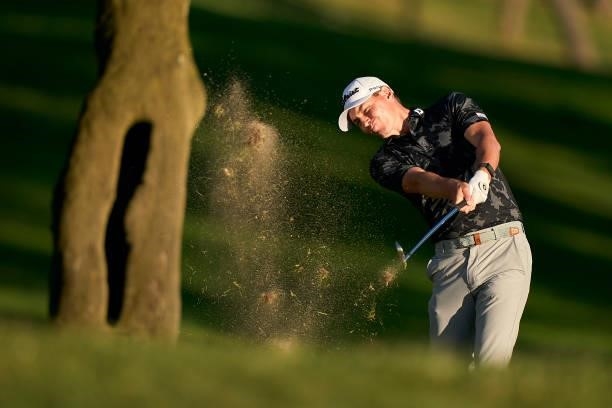 Jason Scrivener of Australia plays a shot during Day Two of The Open de Espana at Club de Campo Villa de Madrid on October 08, 2021 in Madrid, Spain.