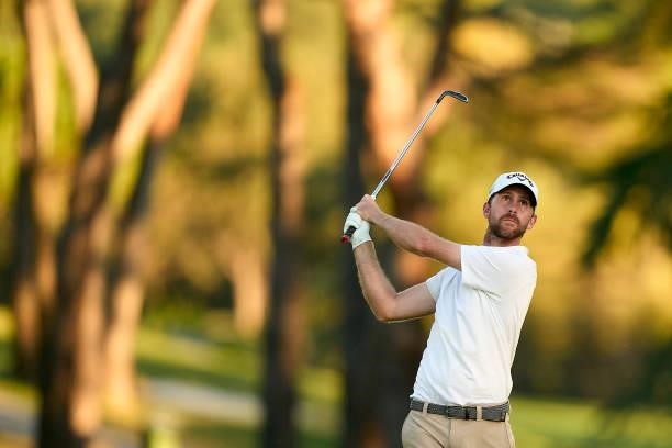 Robin Sciot-Siegrist of France watches his shot during Day Two of The Open de Espana at Club de Campo Villa de Madrid on October 08, 2021 in Madrid,...